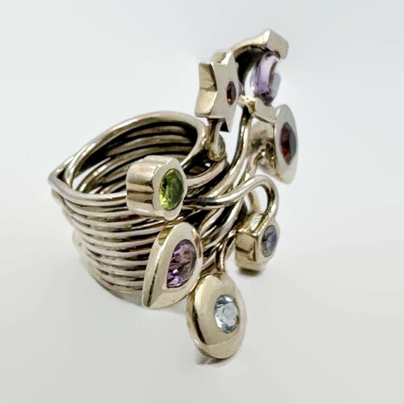 Gemstone Ring, Sterling Silver, One of a Kind, Funky, Vintage, Amethyst, Peridot - Picture 5 of 6